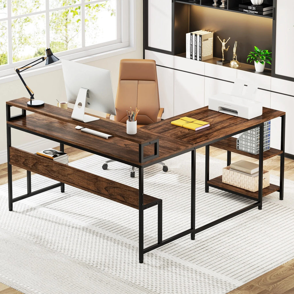 59" L Shaped Desk with Monitor Stand and Storage Shelf N6372