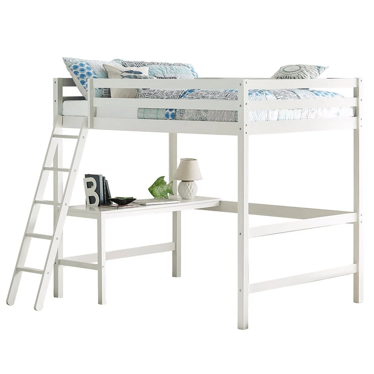 Full Wooden Loft Bed with Desk in White D304