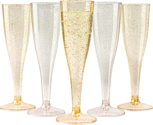 48 Glitter Gold Champagne Flutes 5oz Clear Plastic A90459
