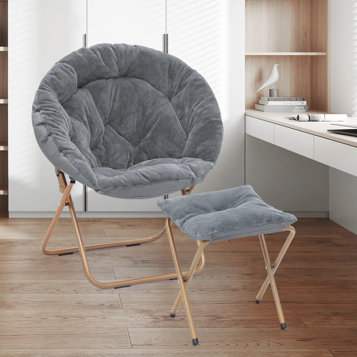 Gray Faux Fur Folding Saucer Chair and Footrest Stool Set U84126