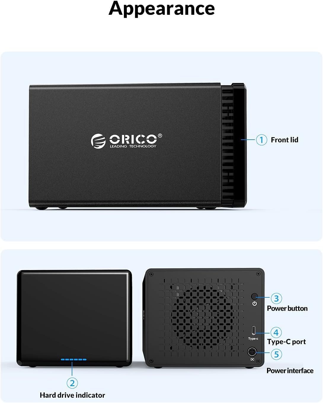 5 Bay Aluminum Type-C 3.5inch SATA III Hard Drive Enclosure F400