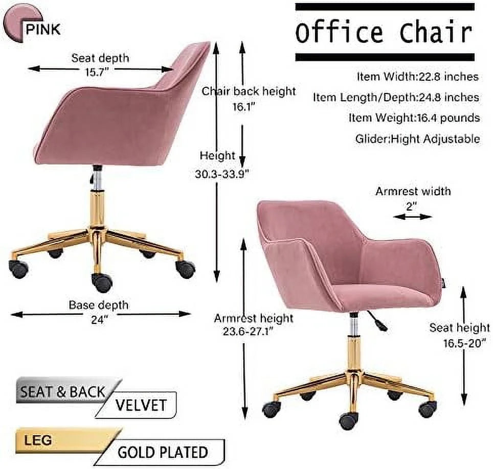 Velvet Yellow Adjustable Height Revolving Office Chair with Gold Metal Legs G714049