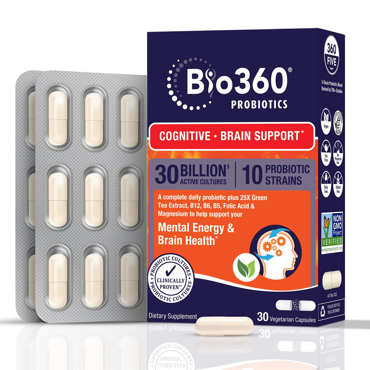 Probiotic for Brain Health, Digestive, Immune Health & Mental Energy, 30 Billion, 10 Probiotics, 25X Green Tea Extract, Magnesium & Vitamin B5, B6 & B12, 30CT X7957
